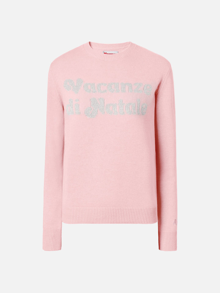 Maglione New Queen in misto cashmere rosa con jacquard lurex Vacanze di Natale | VACANZE DI NATALE SPECIAL EDITION