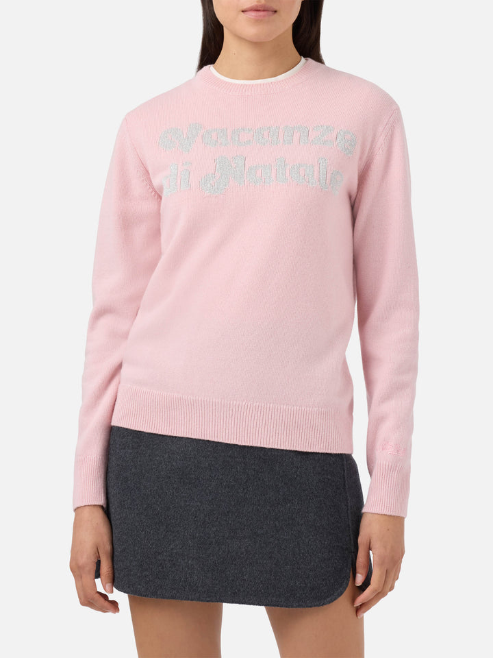 Maglione New Queen in misto cashmere rosa con jacquard lurex Vacanze di Natale | VACANZE DI NATALE SPECIAL EDITION