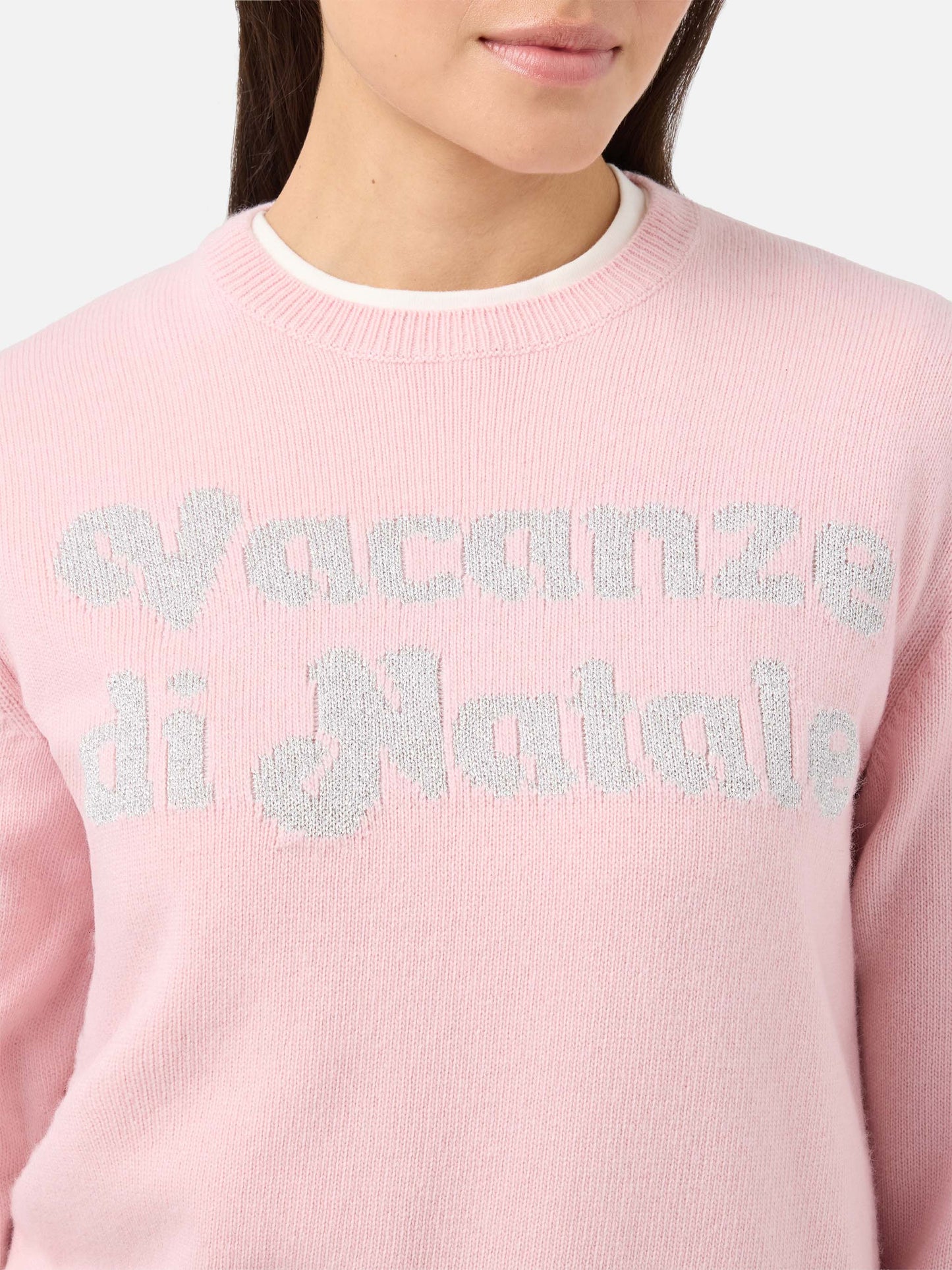 New Queen cashmere-blend sweater in pink with Vacanze di Natale lurex jacquard | VACANZE DI NATALE SPECIAL EDITION