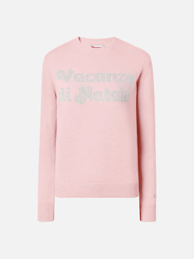 New Queen cashmere-blend sweater in pink with Vacanze di Natale lurex jacquard | VACANZE DI NATALE SPECIAL EDITION