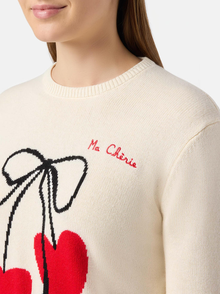 New Queen cashmere-blend sweater in white with Ma cherie embroidery