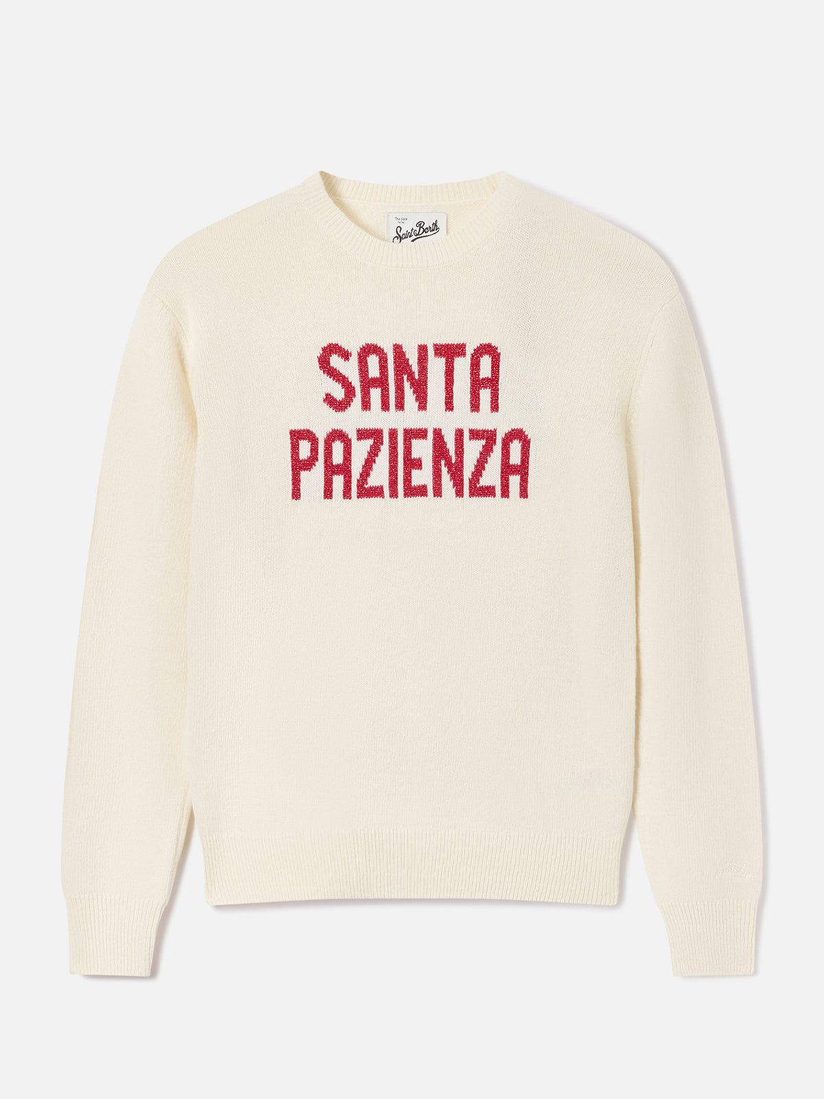 Maglia girocollo New Queen off white con ricamo Santa Pazienza in lurex