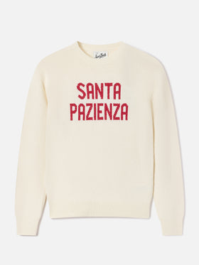 Maglia girocollo New Queen off white con ricamo Santa Pazienza in lurex