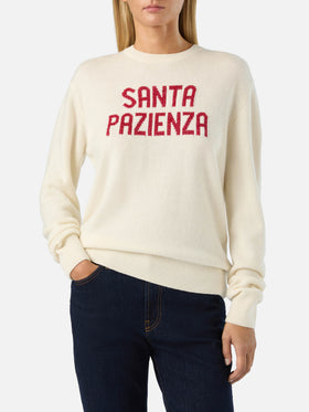 Maglia girocollo New Queen off white con ricamo Santa Pazienza in lurex