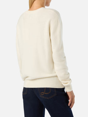 Maglia girocollo New Queen off white con ricamo Santa Pazienza in lurex