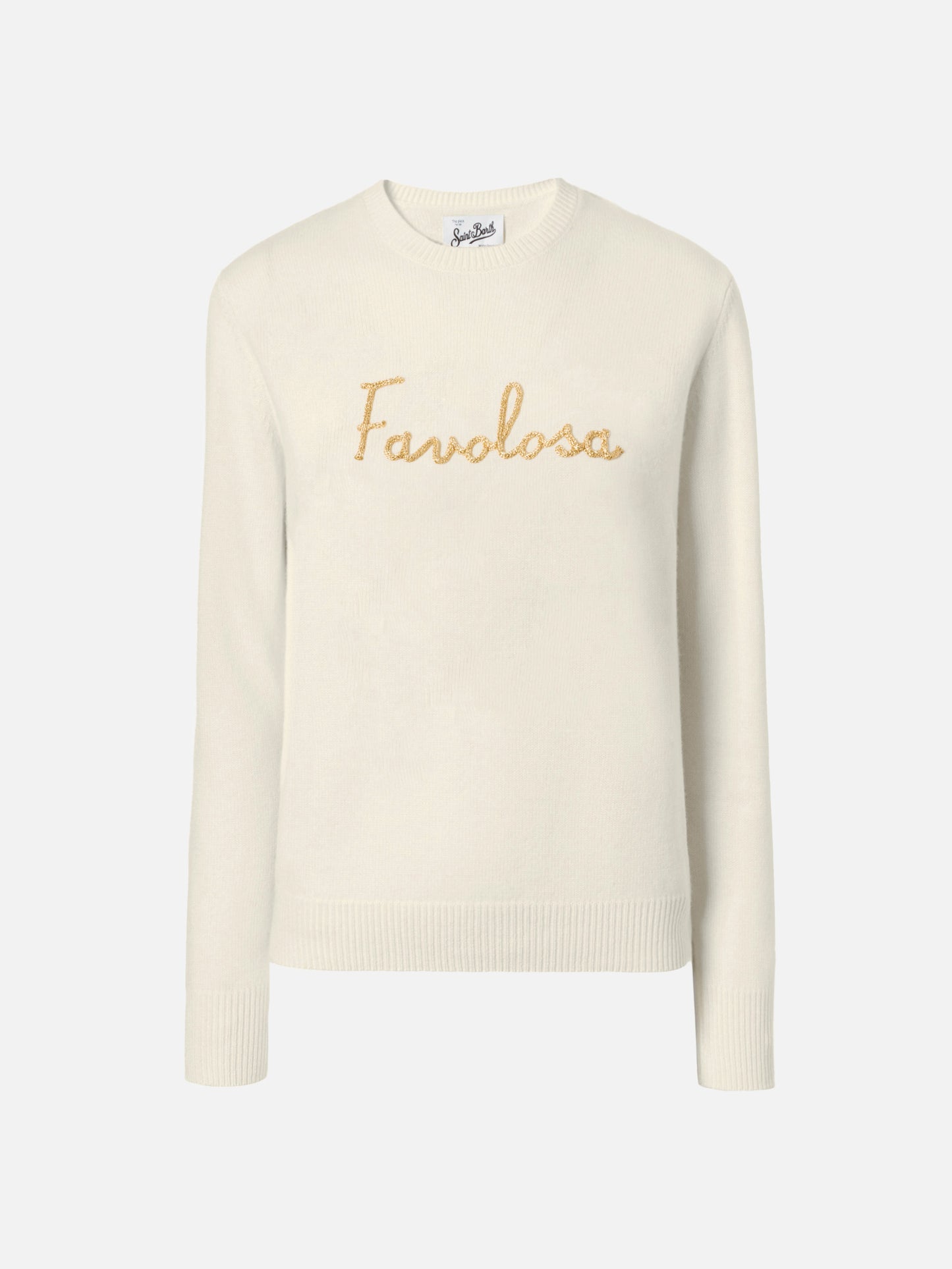New Queen cashmere-blend sweater in white with Favolosa lurex embroidery