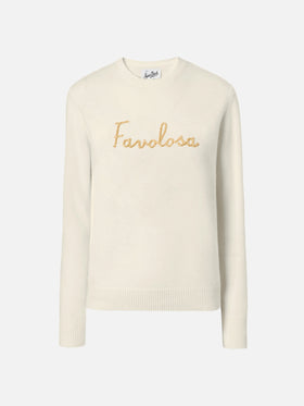 New Queen cashmere-blend sweater in white with Favolosa lurex embroidery