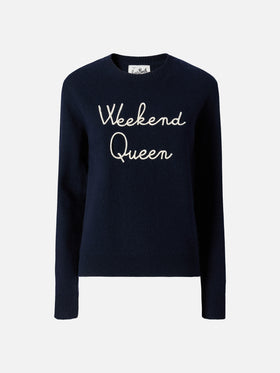 New Queen cashmere-blend sweater in blue with Weekend Queen embroidery