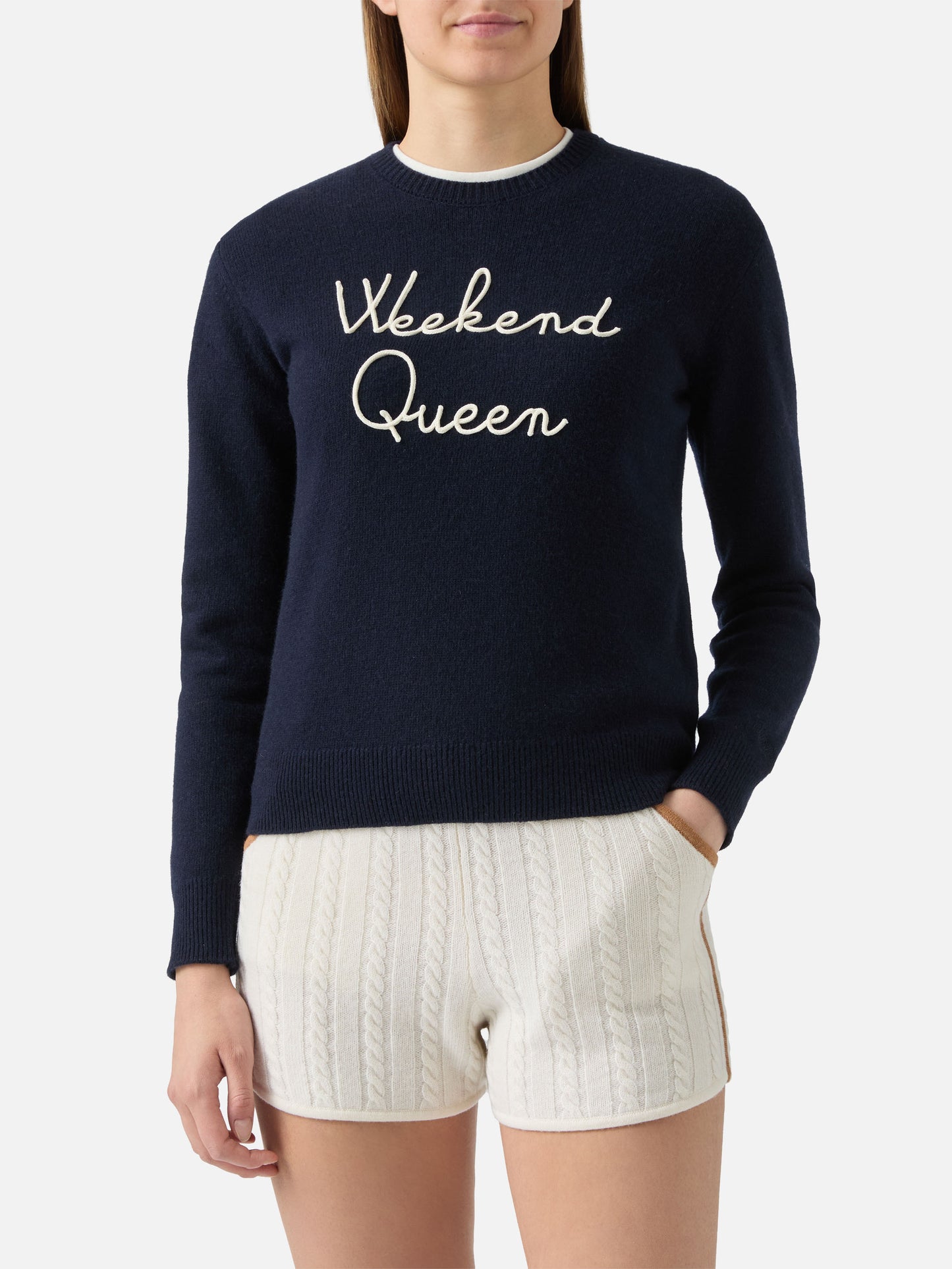 New Queen cashmere-blend sweater in blue with Weekend Queen embroidery