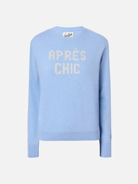 Maglione New Queen in misto cashmere azzurro con jacquard Après Chic