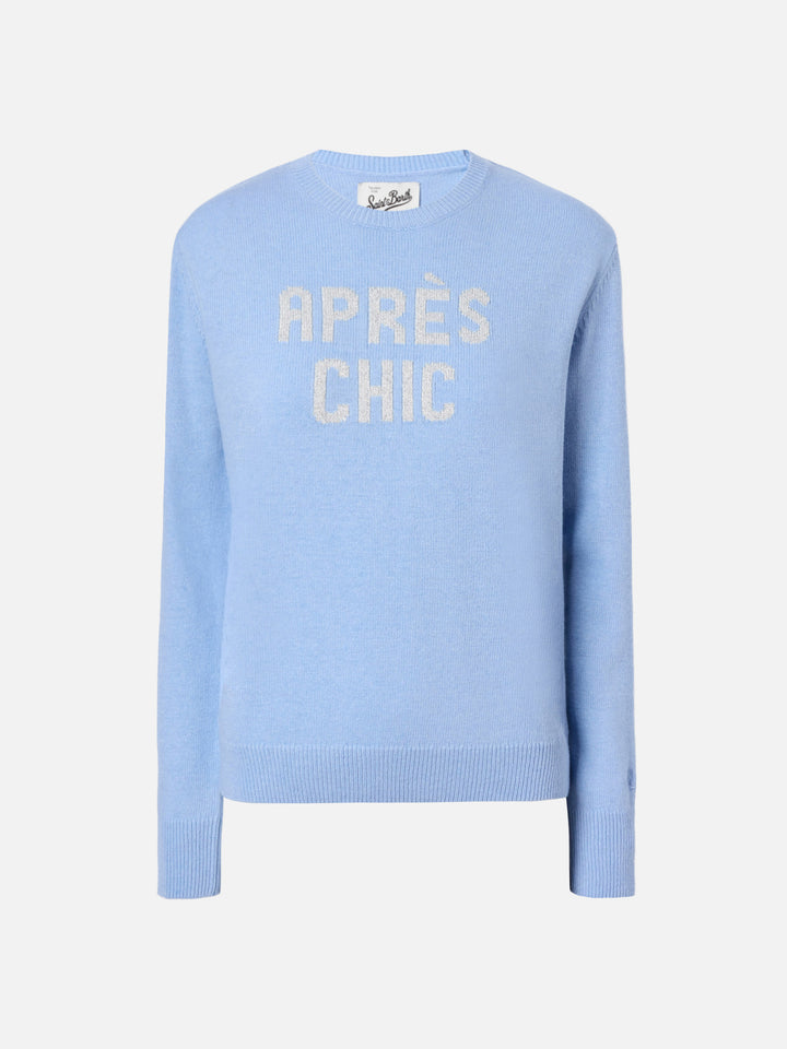 Maglione New Queen in misto cashmere azzurro con jacquard Après Chic