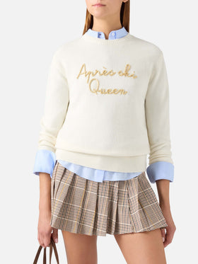 Jersey de punto de cuello redondo New Queen en blanco roto con bordado Après Ski Queen 