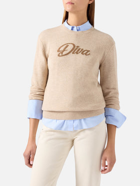 Beiger New Queen Rundhals-Strickpullover mit Diva-Strassstickerei 