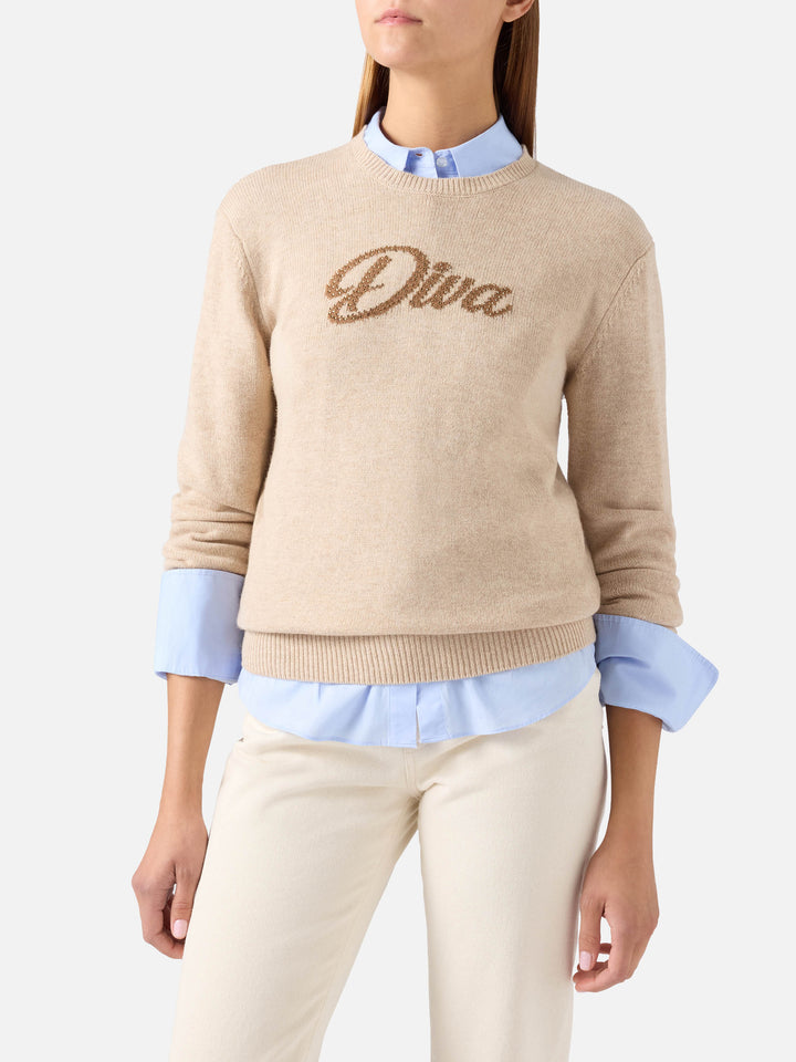 Beige New Queen crewneck knit with Diva rhinestone embroidery