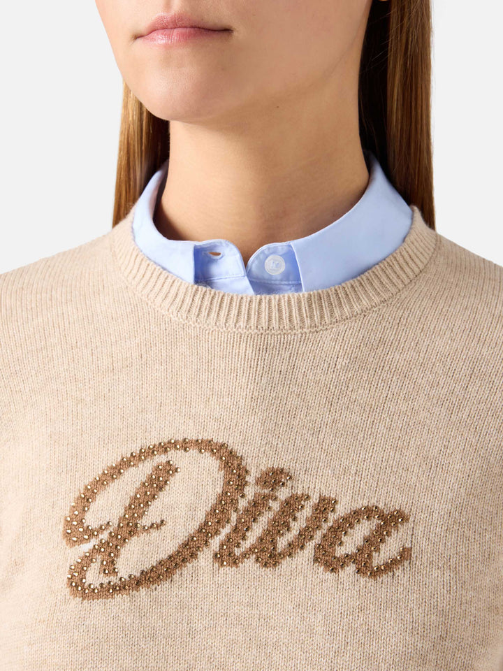 Beige New Queen crewneck knit with Diva rhinestone embroidery