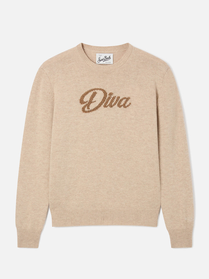 Girocollo beige New Queen con ricamo Diva in strass
