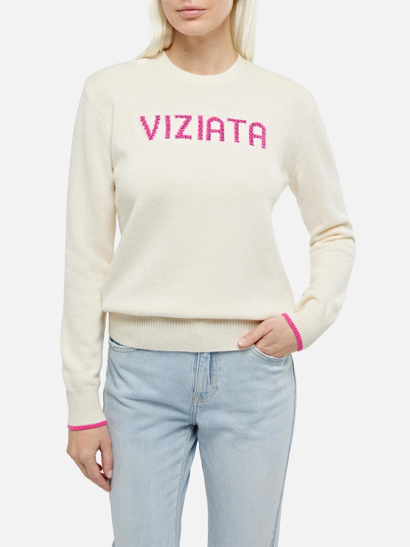 Maglione da donna bianco New Queen con stampa Viziata e strass