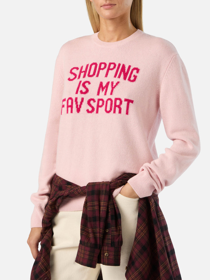 Maglia girocollo New Queen rosa con ricamo Shopping Is My Fav Sport