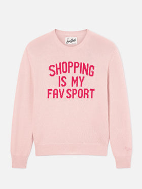 Maglia girocollo New Queen rosa con ricamo Shopping Is My Fav Sport