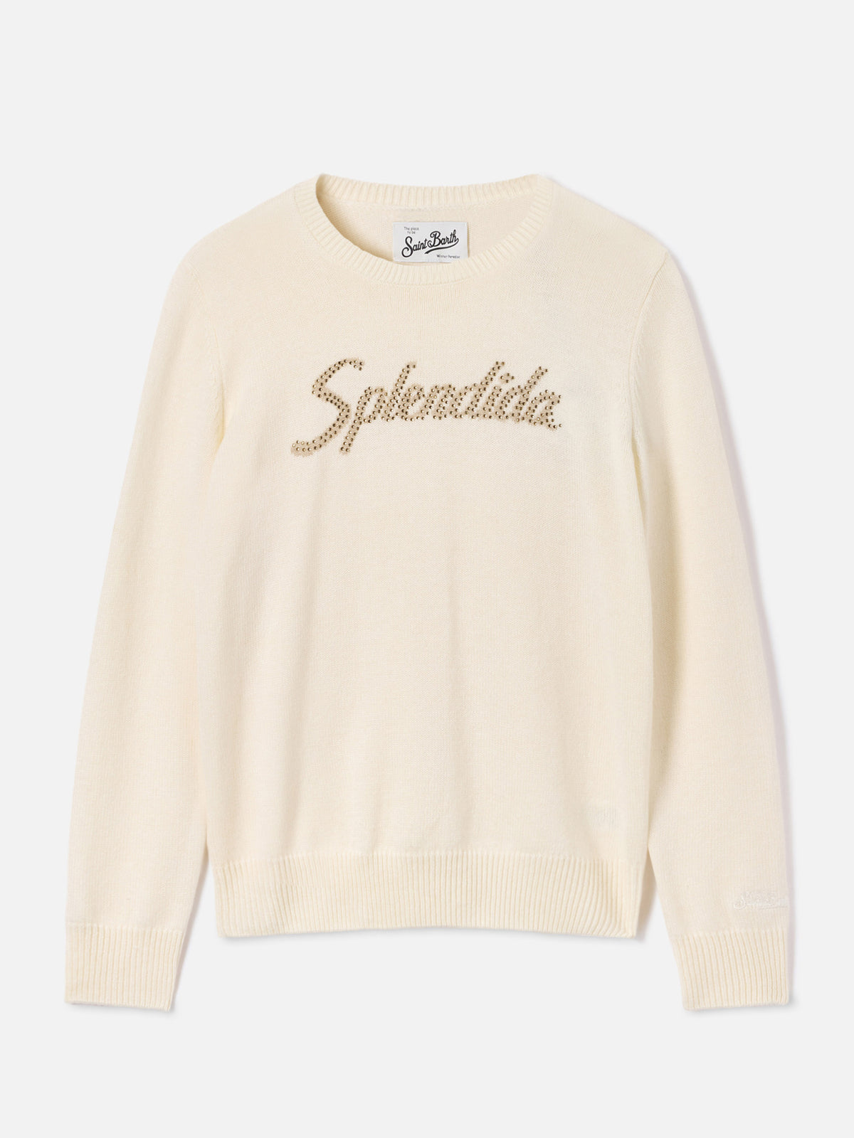 Pull en maille col rond Off white New Queen avec broderie Splendida en strass 