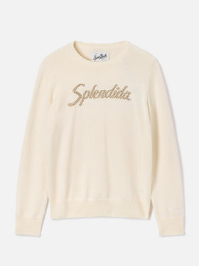 Pull en maille col rond Off white New Queen avec broderie Splendida en strass 