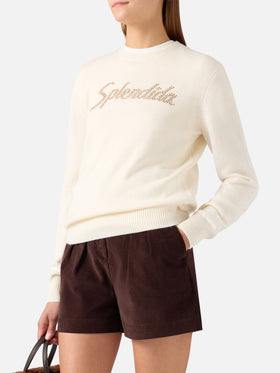 Off white New Queen crewneck knit with Splendida rhinestone embroidery