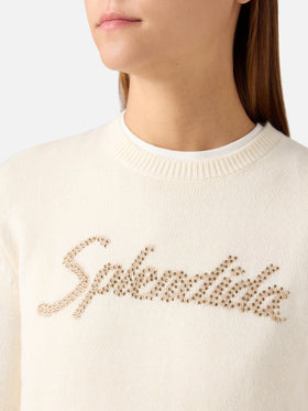 Off white New Queen crewneck knit with Splendida rhinestone embroidery