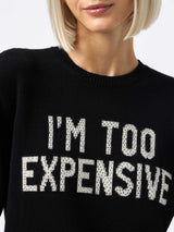 Woman black sweater New Queen with Stress I'm to expencive rhinestones print