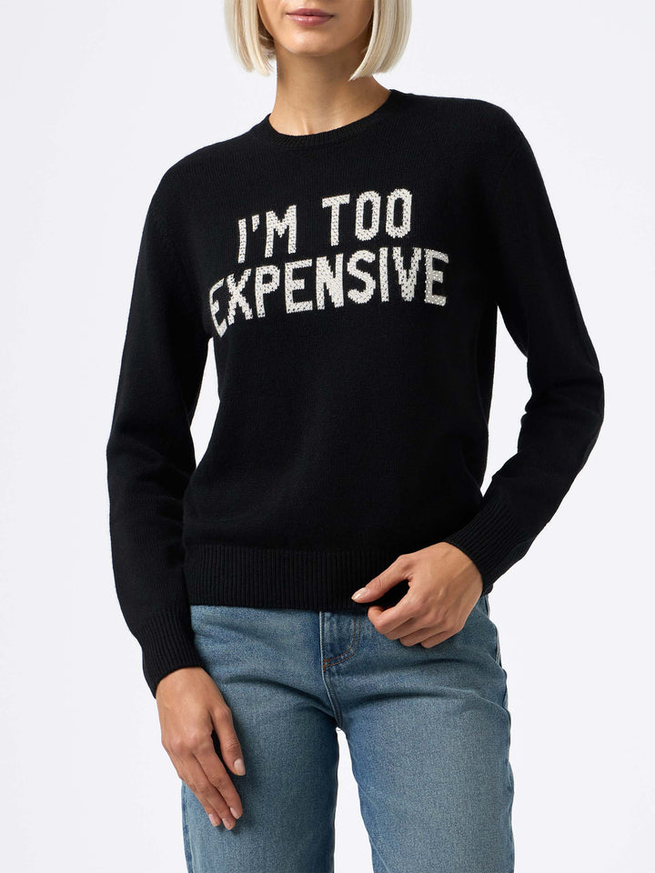 Woman black sweater New Queen with I'm too expensive jacquard with rhinestones