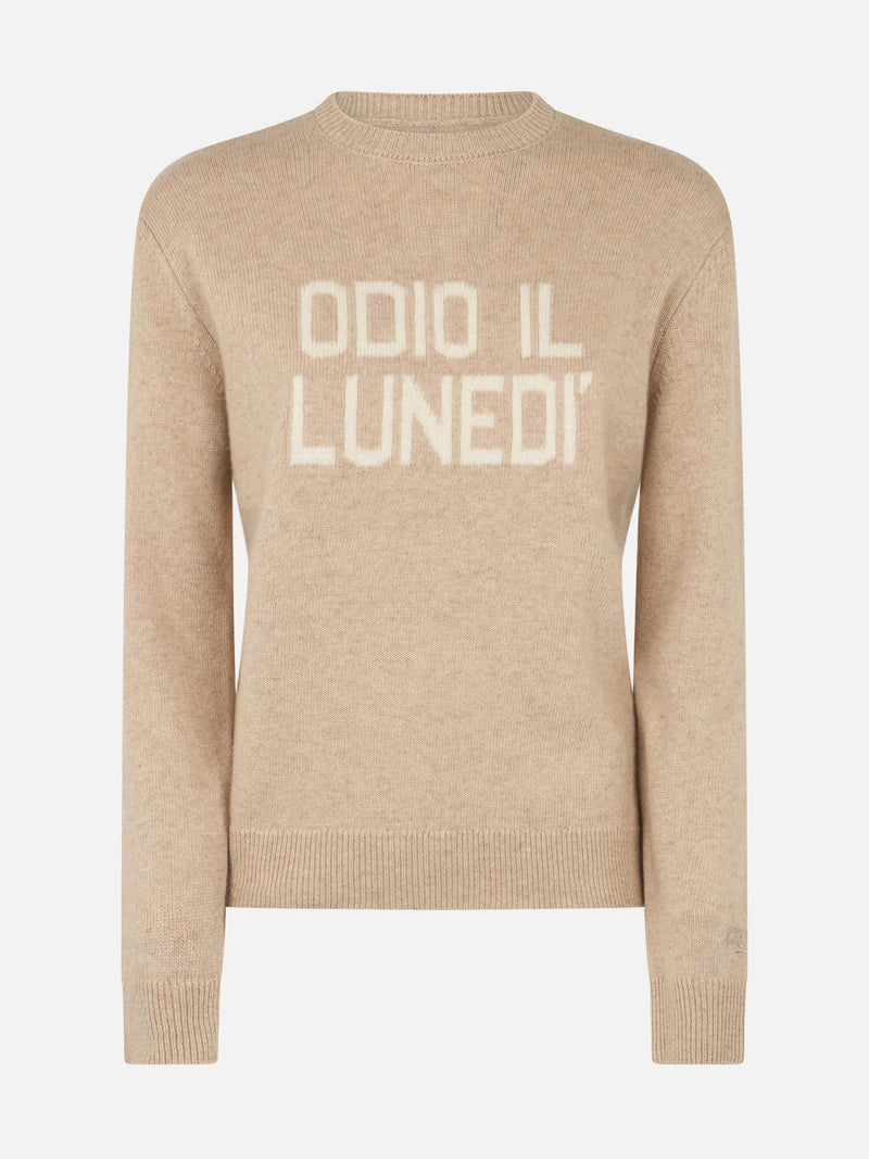 Woman beige sweater New Queen with Odio il Lunedì print