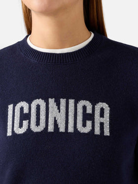 Pull en maille à col rond Navy blue New Queen avec broderie Iconica en strass 