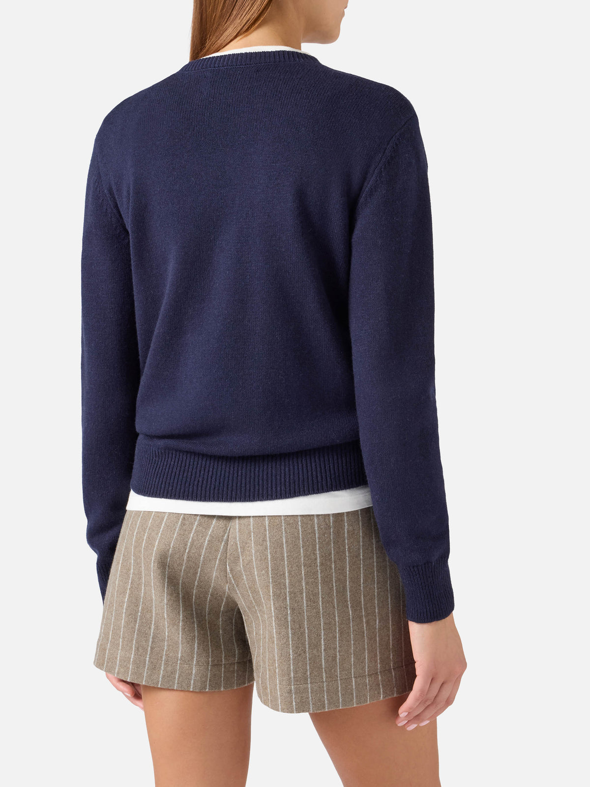 Pull en maille à col rond Navy blue New Queen avec broderie Iconica en strass 