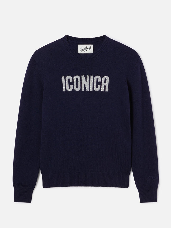 Navy blue New Queen crewneck knit with Iconica rhinestone embroidery