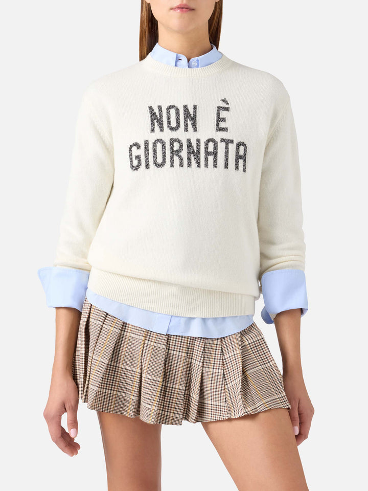 Off white New Queen crewneck knit with Non È Giornata lurex embroidery
