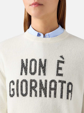 Off white New Queen Rundhals-Strick mit Non È Giornata Lurex-Stickerei 