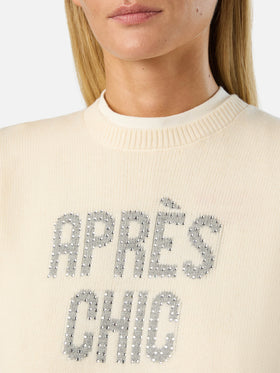 Jersey de punto de cuello redondo Off white New Queen con bordado de strass Après Chic 