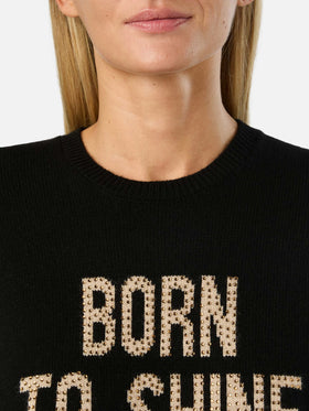 Maglia girocollo New Queen nera con ricamo Born To Shine in strass