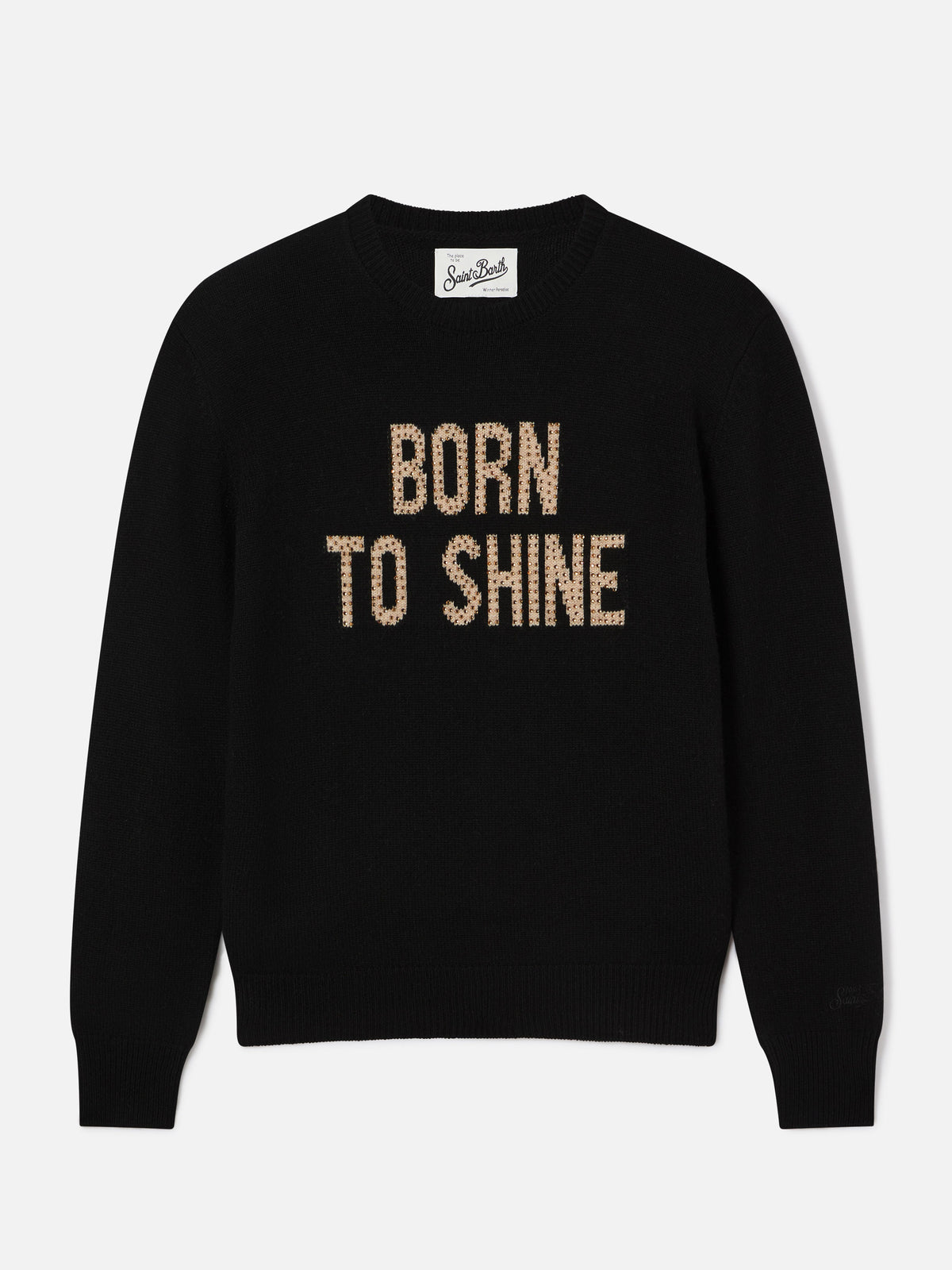 Schwarzer New Queen Rundhals-Strickpullover mit Born To Shine Strassstickerei 