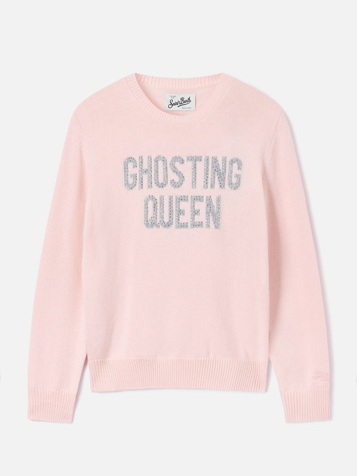 Pull rose New Queen à col rond en maille avec broderie en strass Ghosting Queen 