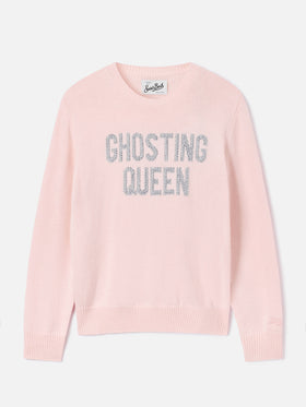 Pull rose New Queen à col rond en maille avec broderie en strass Ghosting Queen 