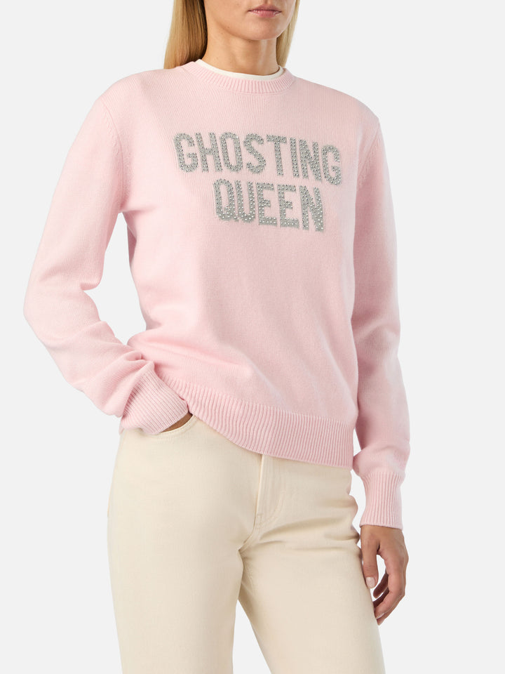 Rosafarbener New Queen Rundhals-Strickpullover mit Ghosting Queen Strassstickerei 