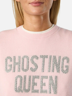 Pull rose New Queen à col rond en maille avec broderie en strass Ghosting Queen 