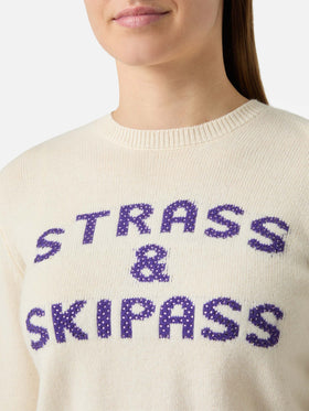 New Queen Crewneck in Weiß mit Strass- und Skipass-Strassverzierungen