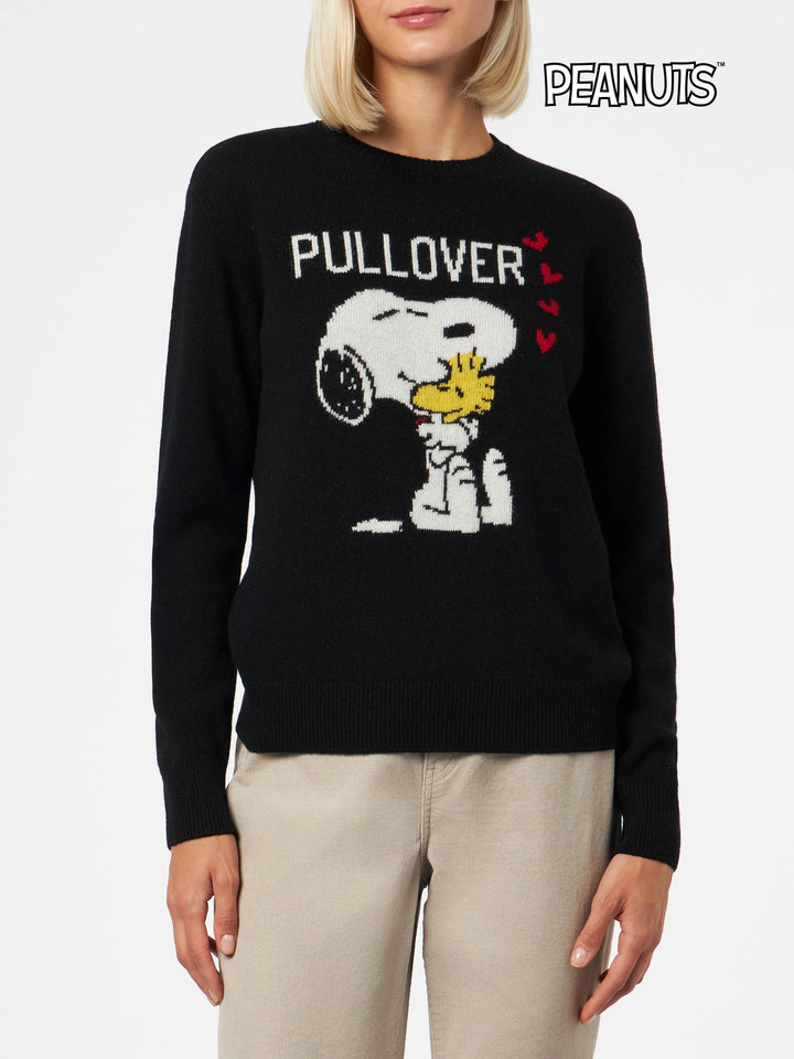 Schwarzer Damenpullover mit Rundhalsausschnitt und Snoopy- und Woodstock-Aufdruck | SNOOPY PEANUTS™ SONDEREDITION