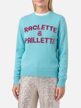 Suéter verde agua New Queen con lettering Raclette & Paillettes de lentejuelas 