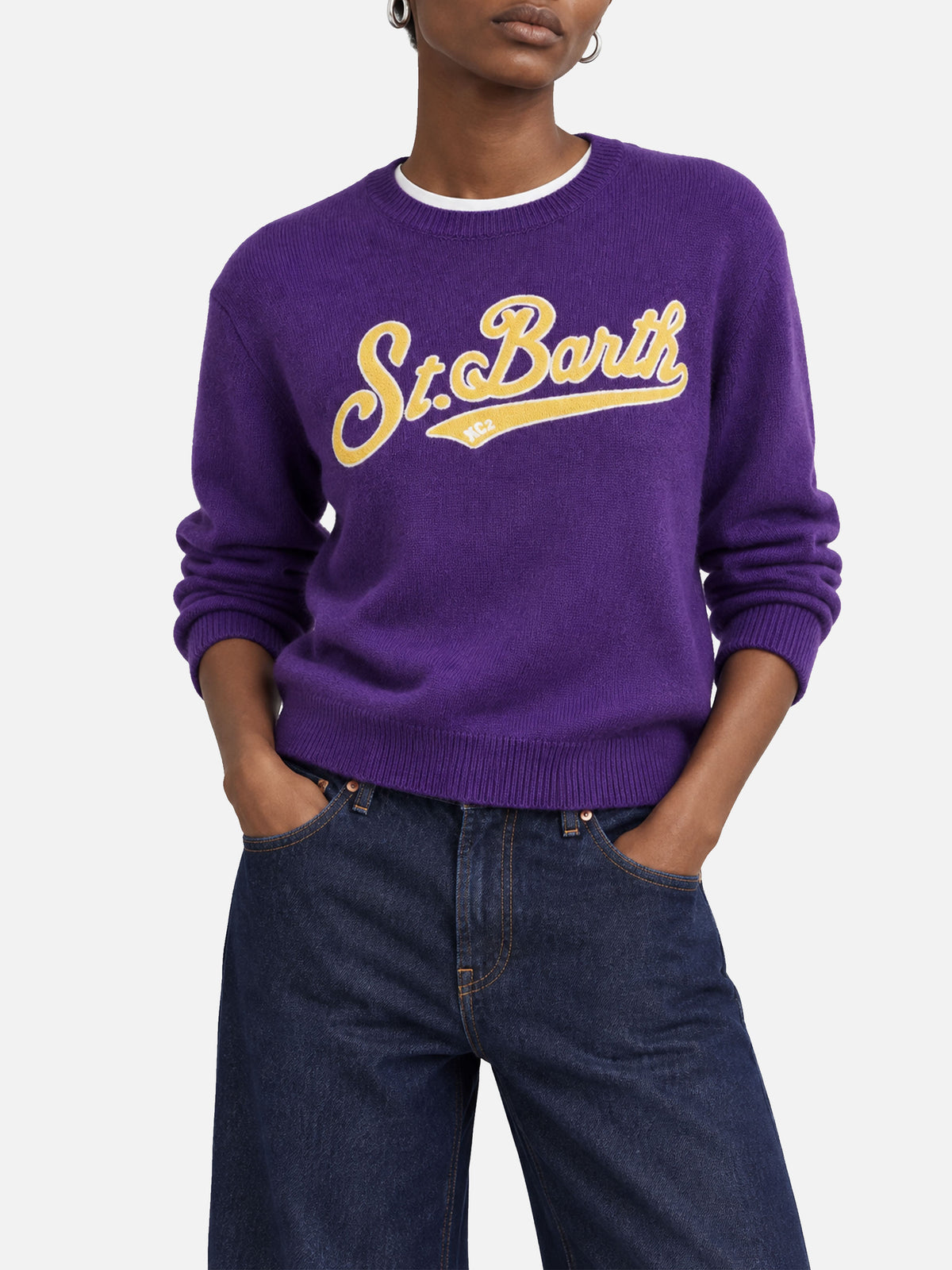 Maglione crop New Queen viola con logo
