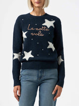 Woman blue sweater New Queen with La notte vola embroidery and stars print