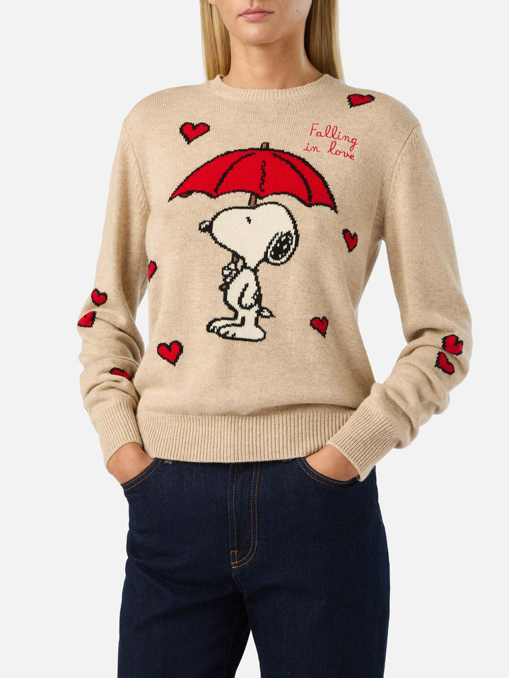Pull en maille col rond Beige New Queen avec intarsia Snoopy | Special edition 