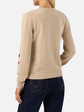 Beige New Queen crewneck knit with Snoopy intarsia | Special edition