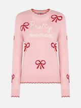 Woman pink sweater New Queen with Pretty Woman embroidery and ribbons print